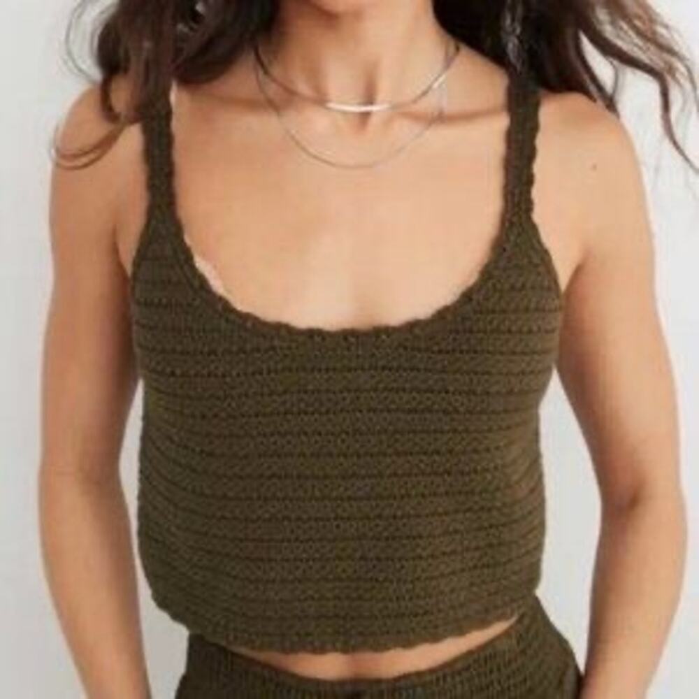 Aerie Summer Nights Crochet Cropped Tank Top - Olive Green